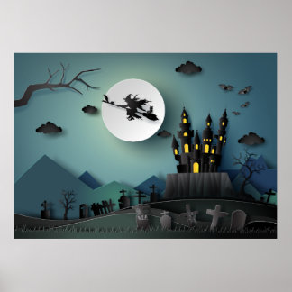 Póster Casa de Halloween de corte de papel, bruja, escena