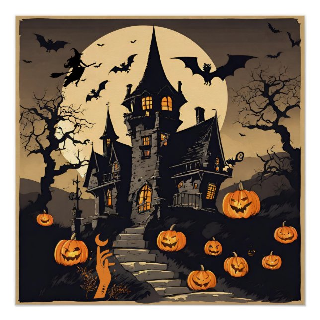 Póster Casa de Halloween de época, calabazas, murciélagos (Anverso)