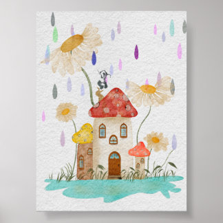 Póster Casa de hongos caprichosa en acuarela de lluvia fl
