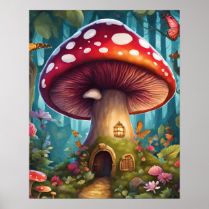 Póster Casa de hongos mágicos en el bosque encantado