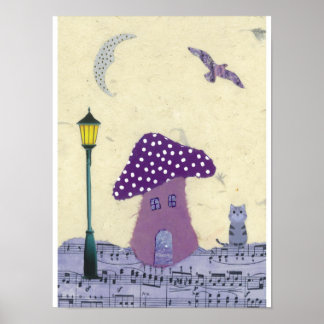 Póster Casa de hongos morados con poste de luz y gato
