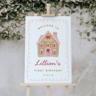 Póster Casa de Jengibre Rosa Preppy Cumpleaños Bienvenida