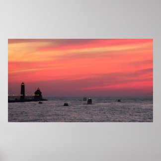 Póster Casa de luz contra la majestuosa puesta de sol en 