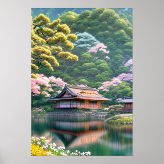 Póster Casa de madera junto al lago