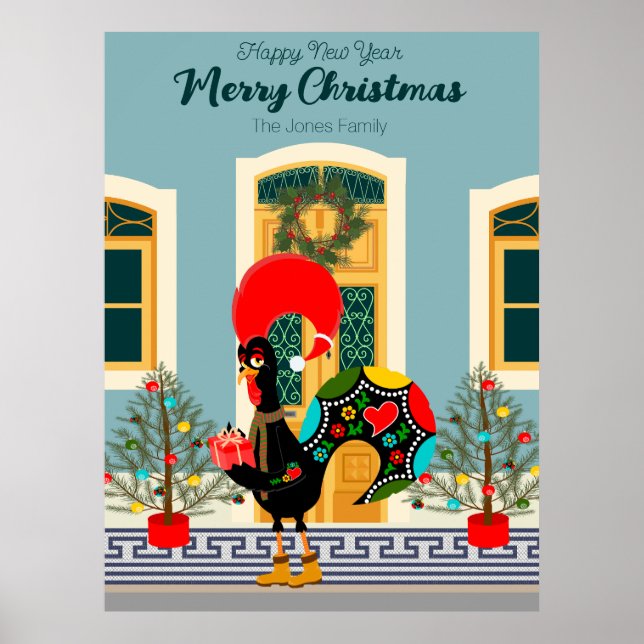Póster Casa de Navidades portugueses con saludos de gallo (Frente)
