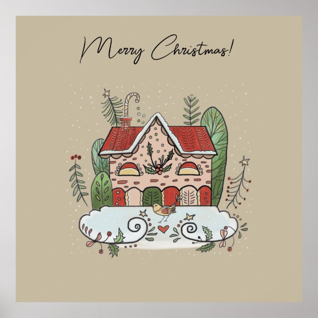 Póster Casa de Pan de Jengibre de Navidad Pájaro Invierno (Frente)