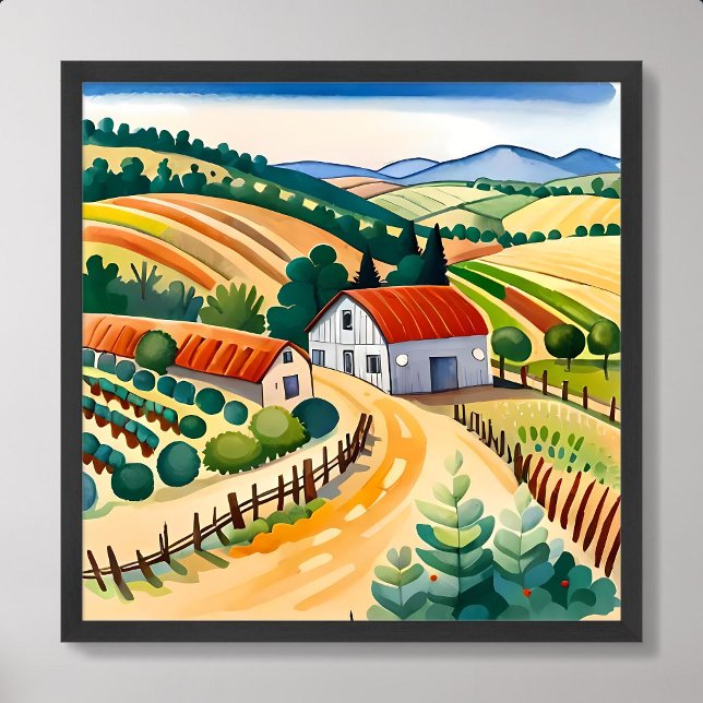 Póster casa de pintado de pueblo campo medio campo aire l (village painting house middle farm field clean air)