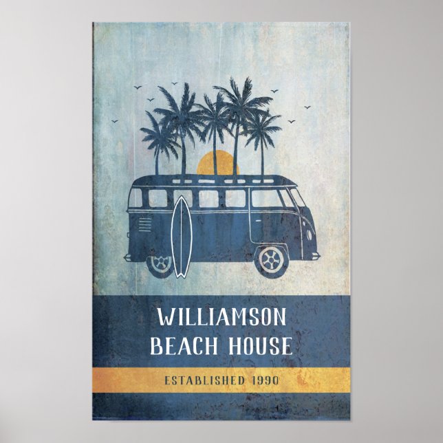 Póster Casa de playa de verano familiar Retro Van Monogra (Frente)