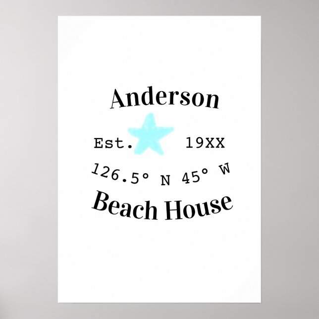 Póster Casa de playa Fecha año coordenadas personalizadas (Frente)