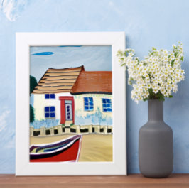 Póster Casa de playa y barco en playa de arena
