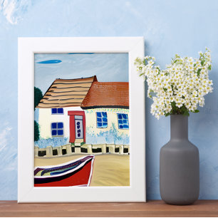 Póster Casa de playa y barco en playa de arena