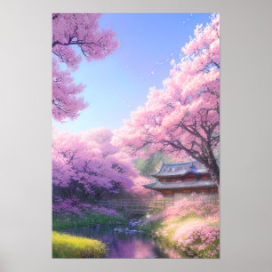 Póster Casa de té con flores de cerezo junto al río