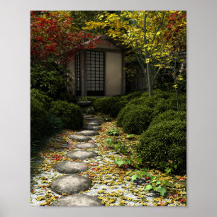 Póster Casa de té y jardín japonesa en otoño