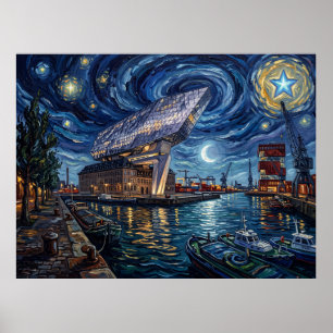 Póster Casa del Puerto de Amberes Havenhuis bajo la noche