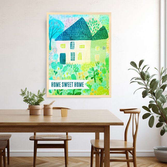 Póster CASA DULCE Personalizado Casa Ilustracion Jardín (HOME SWEET HOME Custom House Garden Illustration Poster Watercolor Green Colorful)