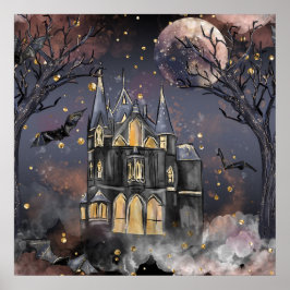 Póster Casa embrujada | Árbol y murciélagos de luna llena