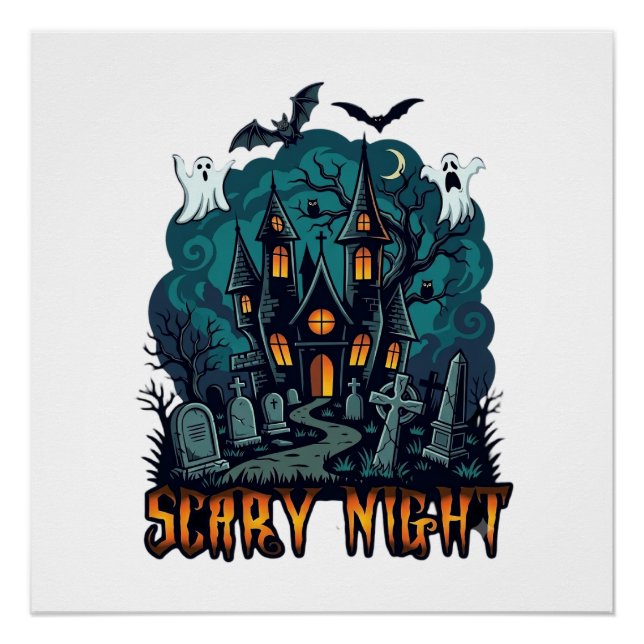Póster Casa embrujada de noche espantosa fantasmas cement (Anverso)
