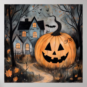 Póster Casa Embrujada y Calabaza Gigante de Halloween