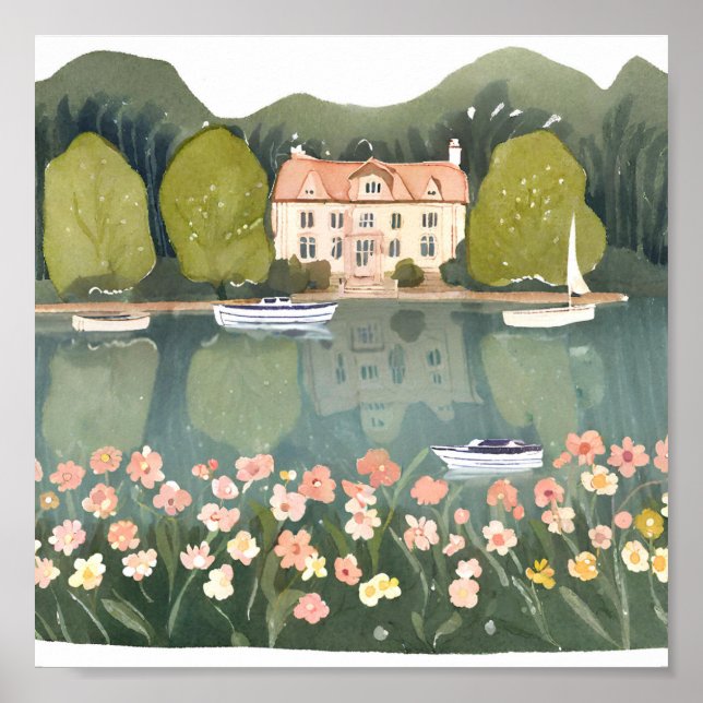 Póster Casa en las montañas junto al lago (Frente)