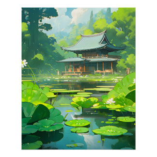 Póster Casa japonesa y lago con toallas de lirio verde