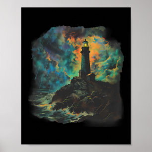 Póster Casa junto al mar con faro navegando playa marítim