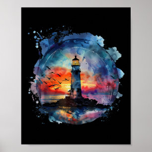 Póster Casa junto al mar con faro y vela