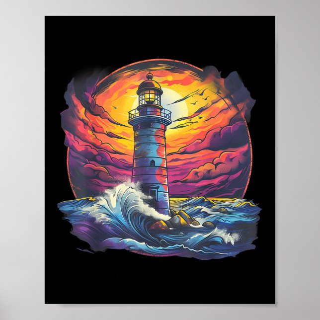 Póster Casa junto al mar con faro y veleros (Frente)