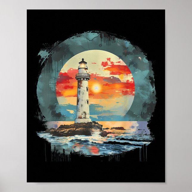Póster Casa junto al mar con faro y veleros (Frente)