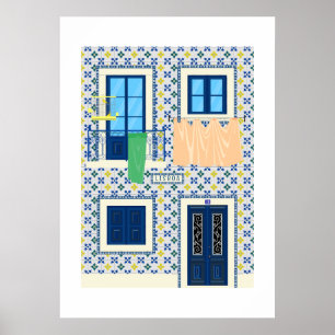 Póster Casa portuguesa de Lisboa con azulejos y pájaro