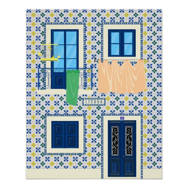 Póster Casa portuguesa de Lisboa con azulejos y pájaro (Anverso)