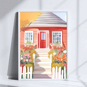 Póster Casa Roja Bonita Pintura Acuarela