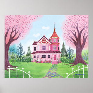 Póster Casa rosa victoriana y flores de cerezo