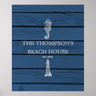 Póster Casa Rustic Blue Wood Seahorse Lighthouse Beach Ho