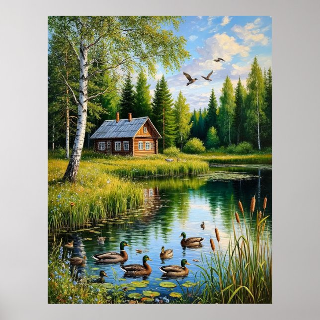 Póster Casa Serena junto a un estanque forestal con patos (Frente)