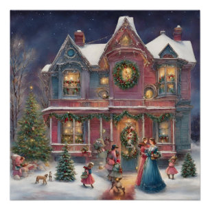 Póster Casa victoriana, damas, niños en Navidades