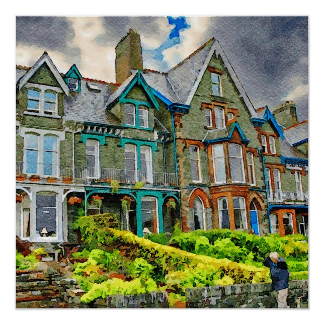 Póster Casa victoriana en Keswick pintada con acuarela (Anverso)