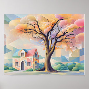 Póster Casa y árbol en pasteles Art Déco