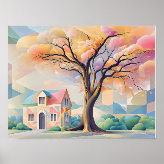 Póster Casa y árbol en pasteles Art Déco