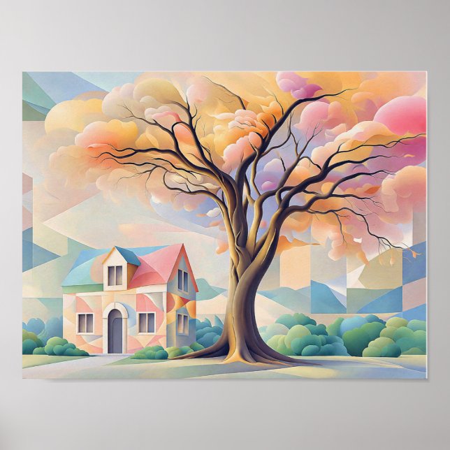 Póster Casa y árbol en pasteles Art Déco (Frente)