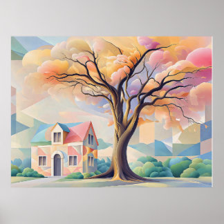 Póster Casa y árbol en pasteles Art Déco