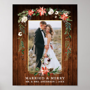 Póster Casados Feliz Madera Acuarela Floral de Invierno