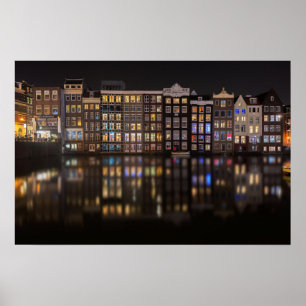 Póster Casas de Ámsterdam con luces coloridas por la noch