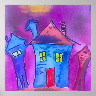 Póster Casas de Halloween espeluznantes Acuarela
