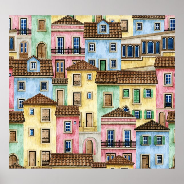 Póster Casas de Lisboa: Patrón Funicular acuarela. (Frente)