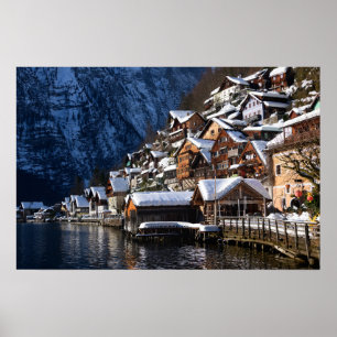 Póster Casas de madera junto al lago en Hallstatt, Austri