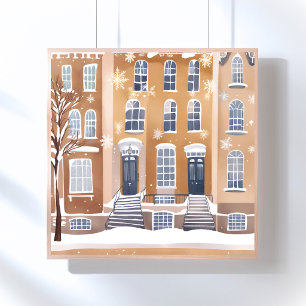 Póster Casas de Piedra Marrón   Aquarela de Calle de Ciud