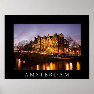 Póster casas del canal de Ámsterdam al anochecer cartel n