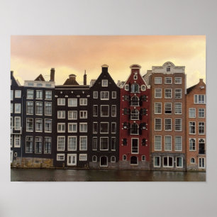 Póster Casas del Canal de Ámsterdam al Atardecer