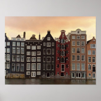 Póster Casas del Canal de Ámsterdam al Atardecer