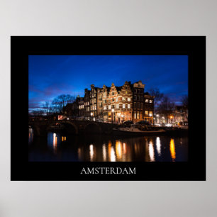 Póster Casas del canal de Amsterdam en la noche